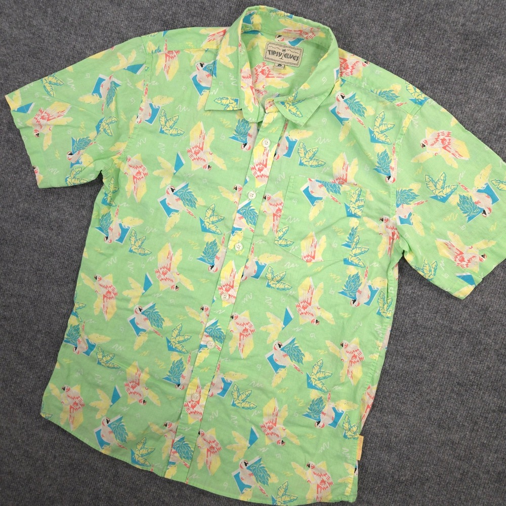 Tipsy Elves Shirt Mens M Green Parrot Bird Tropical AOP‎ Short Sleeve Button Up